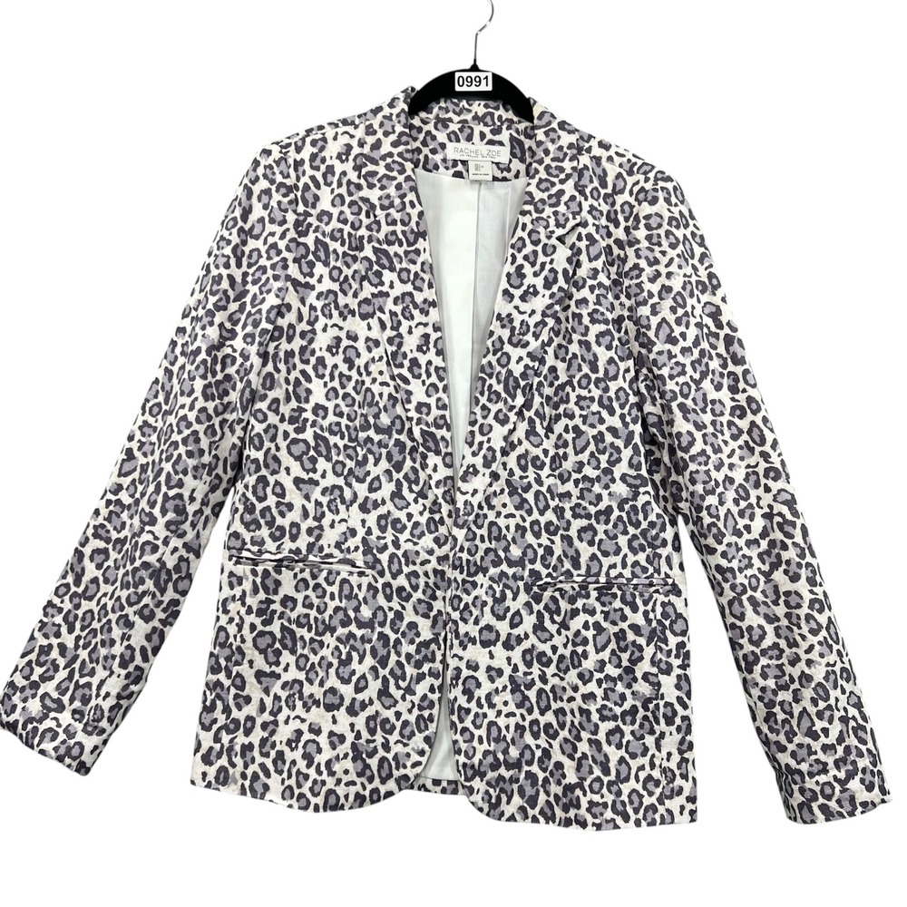 Rachel Zoe Blazer Women L Gray Leopard Print Linen Blend Preppy
